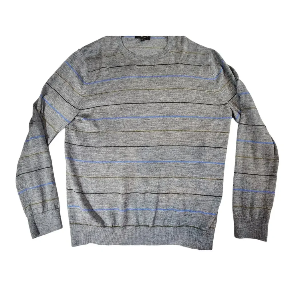 Banana Republic 100% Merino Wool Sweater XL Gray Striped‎ Crew Neck Lightweight